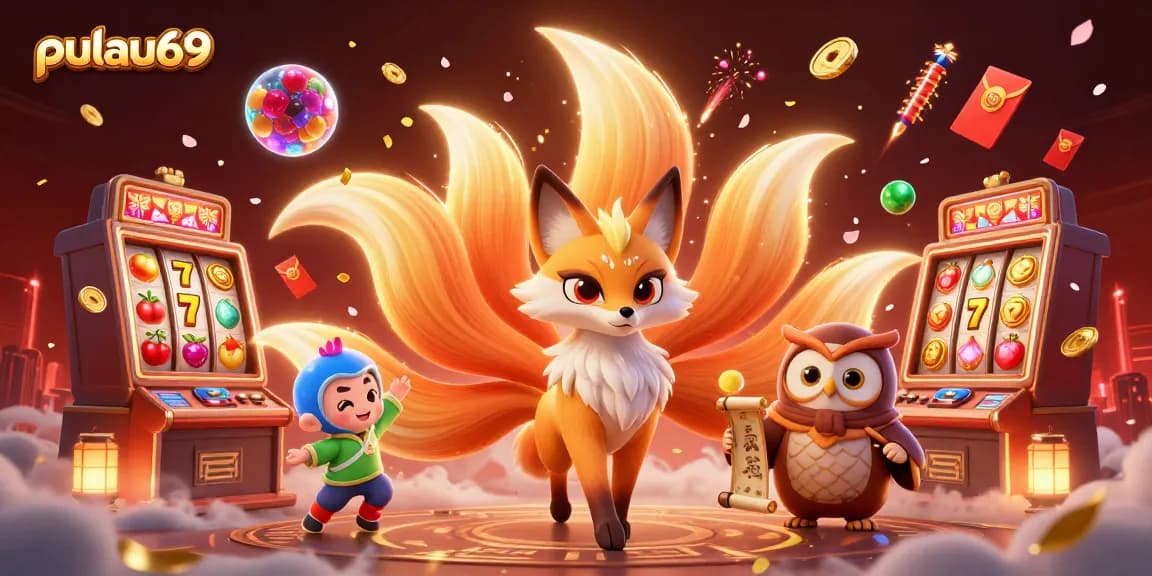 Experience pulau69 excitement with a vibrant 3D illustration of a fox spirit and lucky symbols in a casino scenario