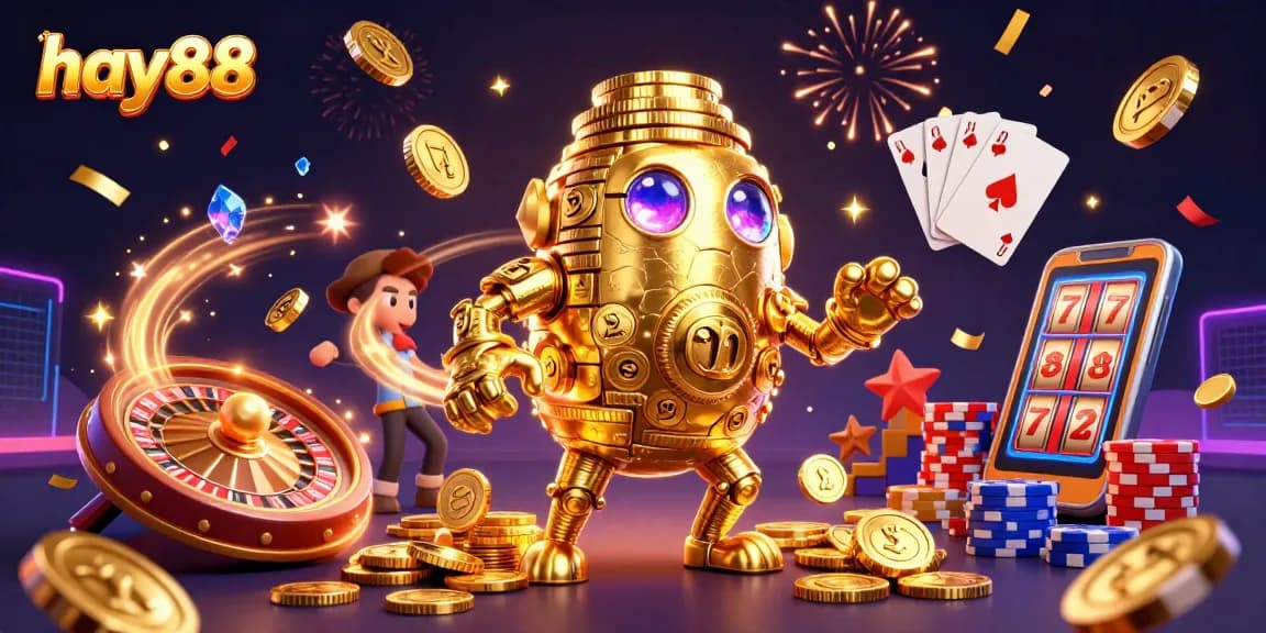 Experience hay88's thrilling gaming atmosphere with vibrant roulette, slot reels, and dazzling gold coins.