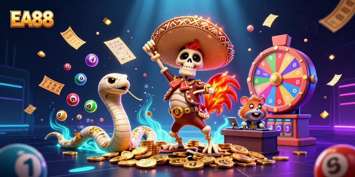EA88 colorful gaming scene with a mariachi rooster and lottery elements, celebrating big wins