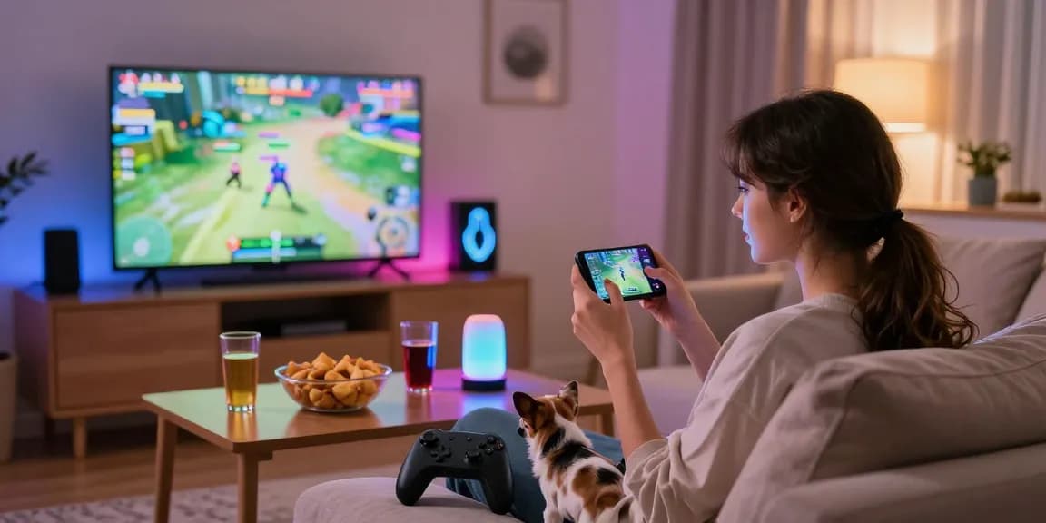 Mobile Gaming Platform showcased with engaged gamer enjoying gameplay at home, colorful environment and gaming accessories.