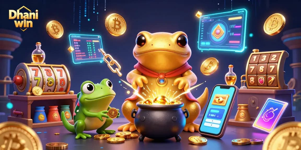 Dhani win features a vibrant gambling scene with a golden salamander and a frog amidst colorful casino elements.