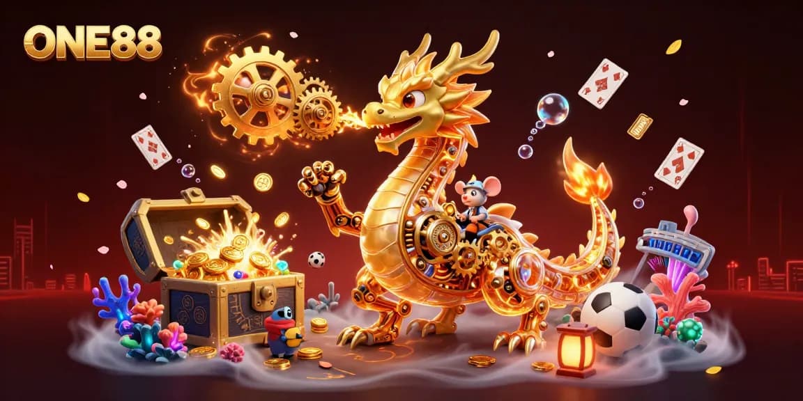Engage with the thrilling atmosphere of ONE88, featuring a golden dragon, sports elements, and sparkling treasures!