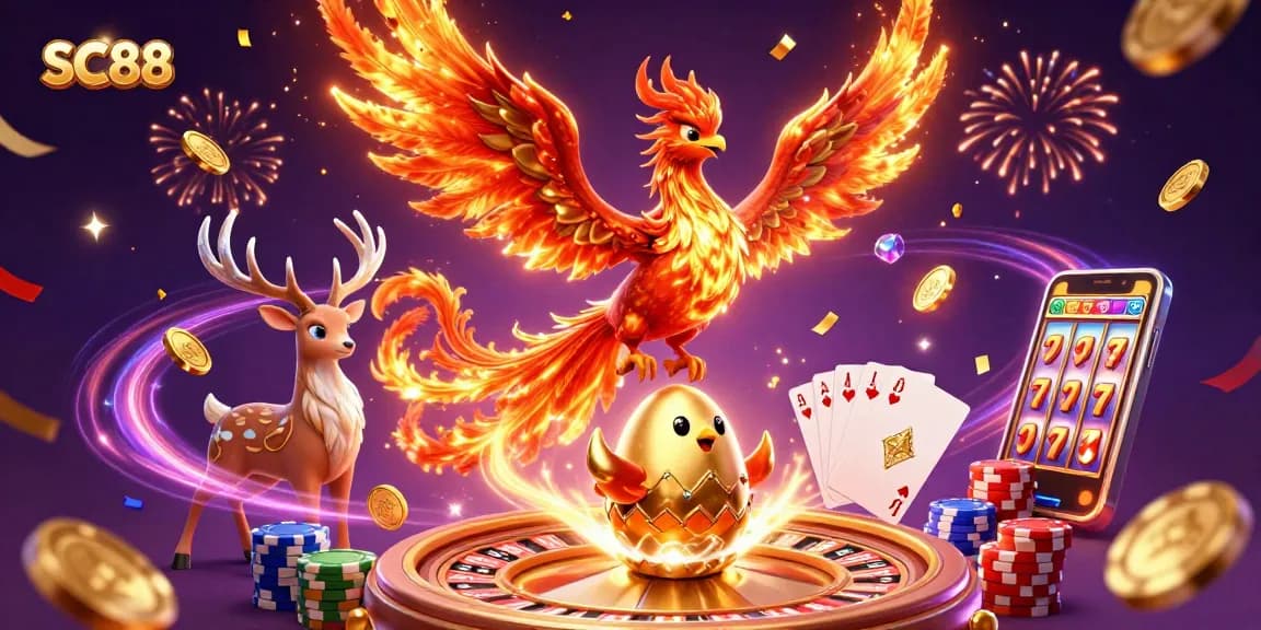 Experience thrilling SC88 casino wins with a vibrant 3D illustration featuring majestic fantasy elements.