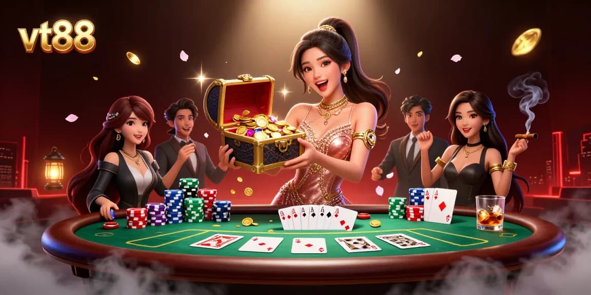 Experience the excitement of vt88 casino with a glamorous treasure chest overflowing with winnings and a vibrant poker scene.