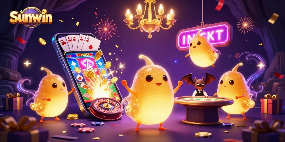 Experience Sunwin's vibrant casino atmosphere with glowing characters, vibrant games, and festive energy.