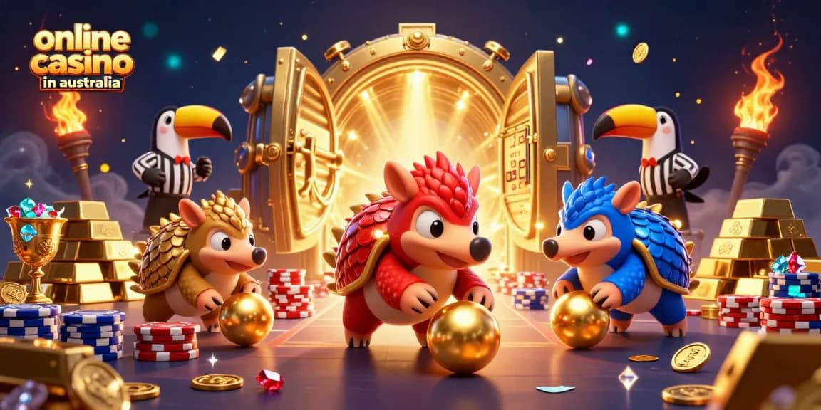 Two rival pangolins compete in a vibrant scene at an online casino in Australia, surrounded by dazzling treasures.