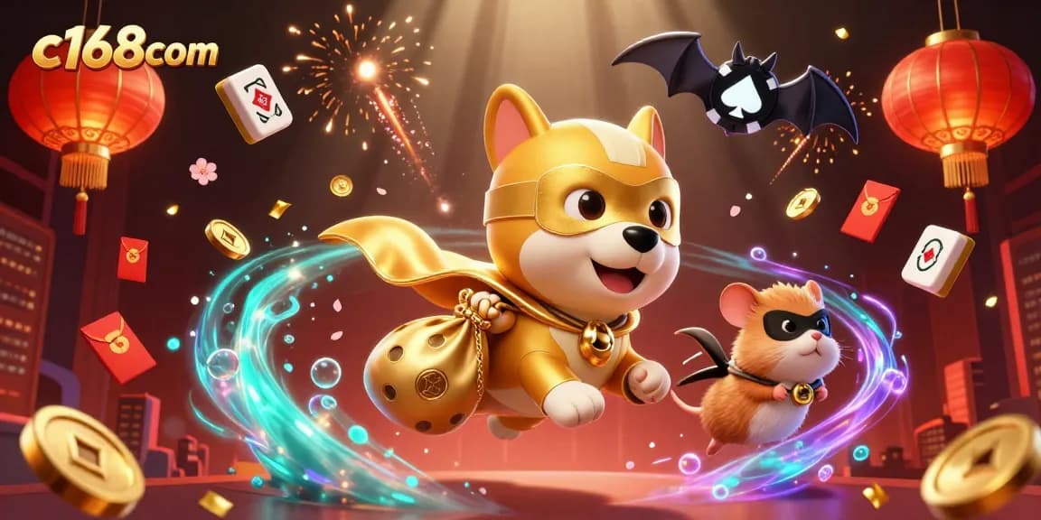 C168com delivers thrilling gameplay, showcasing a superhero dog amidst a vibrant casino-themed celebration.