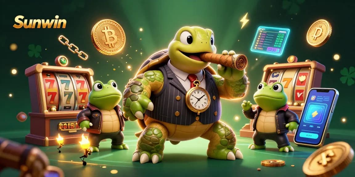 Engage in thrilling gaming with Sunwin's vibrant 3D casino scene featuring turtles and game elements.