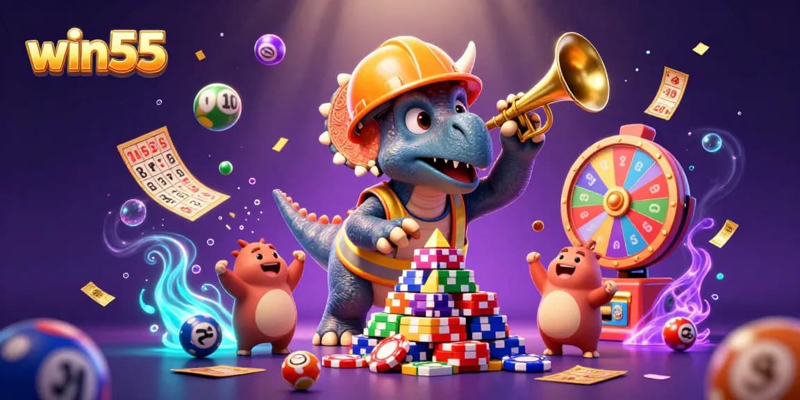 Experience the excitement of win55 with a triceratops building poker chip towers amidst colorful games and joyful celebrations.