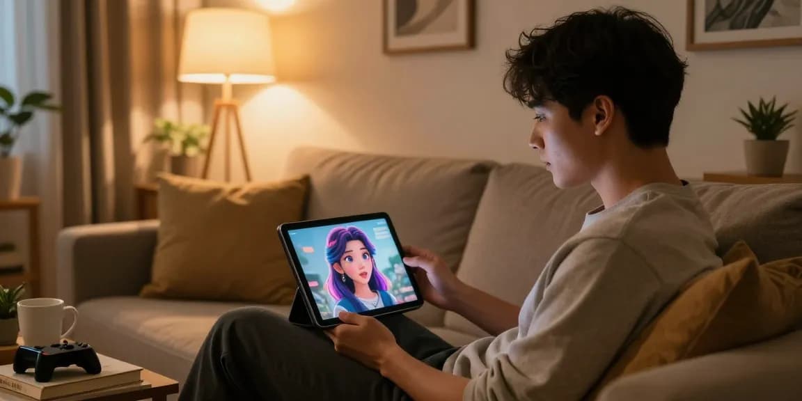 Engaging with an AI girlfriend on a tablet in a cozy home setting.