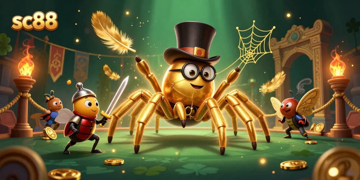 Experience thrilling adventures at sc88 with a daring beetle knight and a golden tarantula amidst lively casino elements.