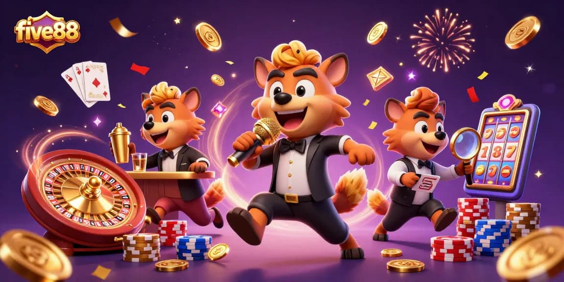 Experience the vibrant five88 casino club with animated hyenas entertaining and celebrating