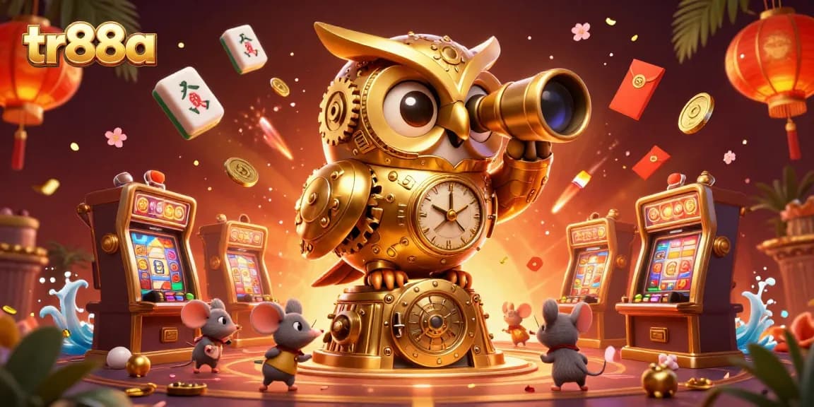 Experience the vibrant 3D casino scene with TR88a, featuring a clockwork owl and joyful patrons.