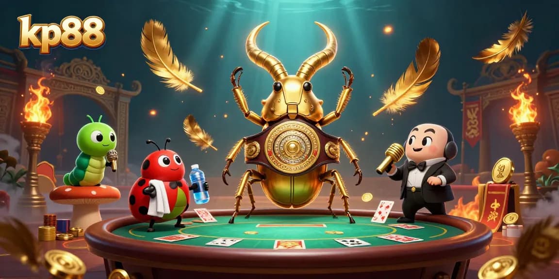 Experience the excitement of kp88 with vibrant casino elements, featuring a golden stag beetle champion.
