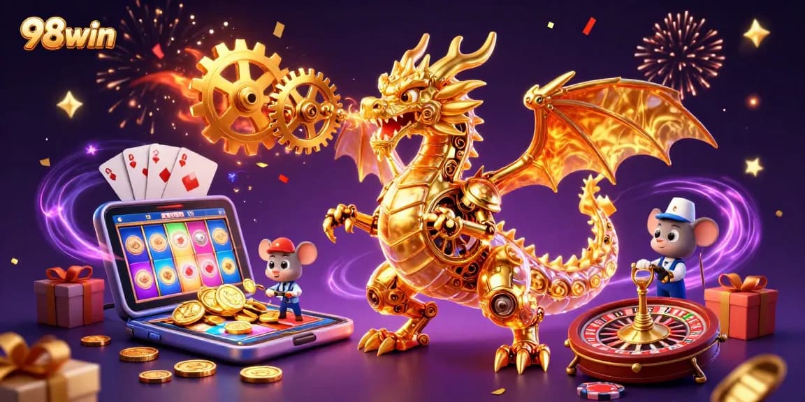 98win platform featuring a golden dragon and lively casino elements, showcasing excitement and entertainment.