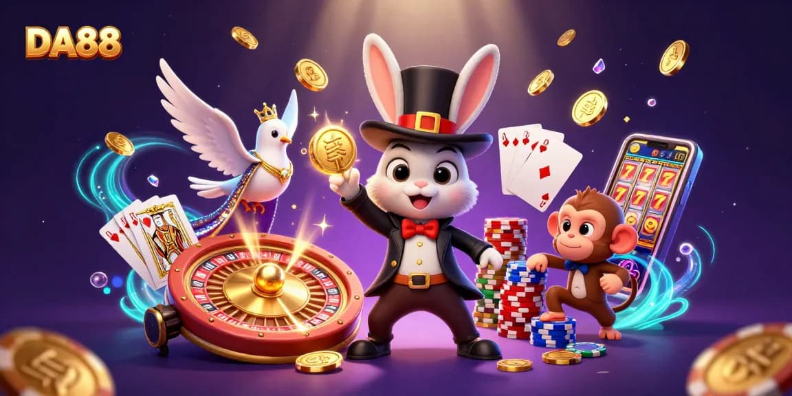 Experience thrilling moments at DA88 with a magician rabbit, poker chips, and dazzling casino elements.