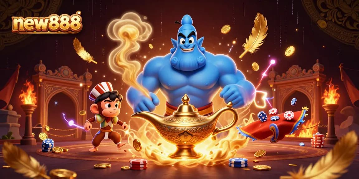 Engage in thrilling adventures at new888 with a genie, monkey, and casino magic.