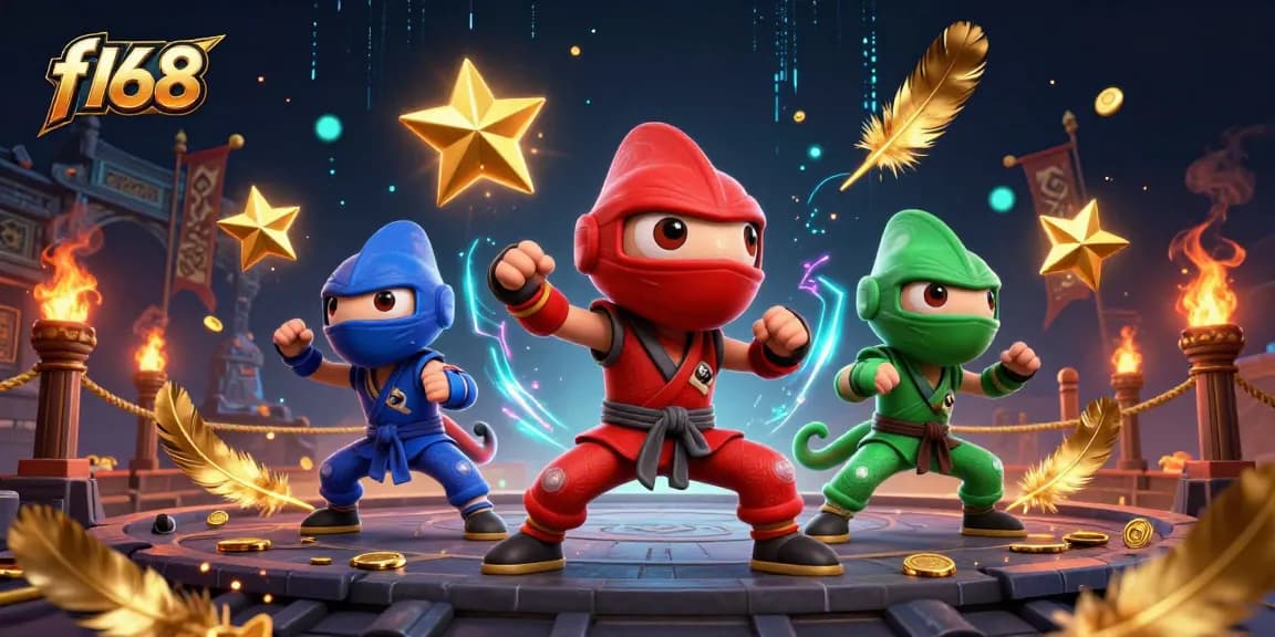 Experience the excitement of f168's ninja chameleon team showcasing dynamic casino martial arts skills amid gold coins and betting tokens.