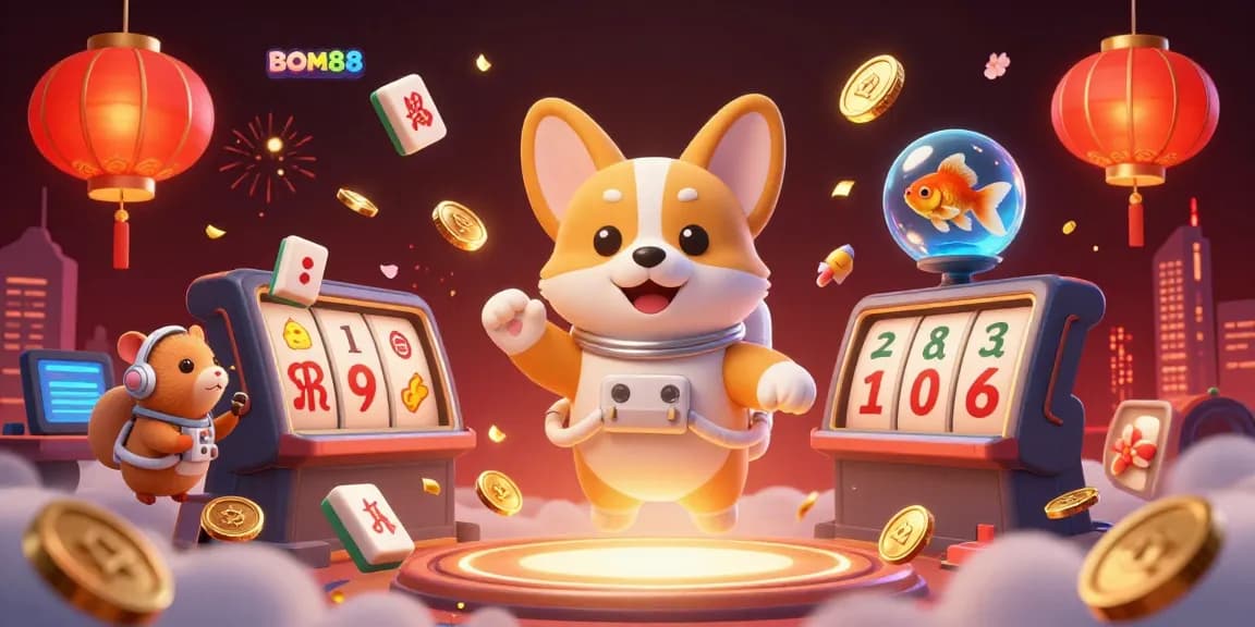 Experience captivating gameplay with BOM88's floating casino scene filled with animated slot reels and festive symbols.