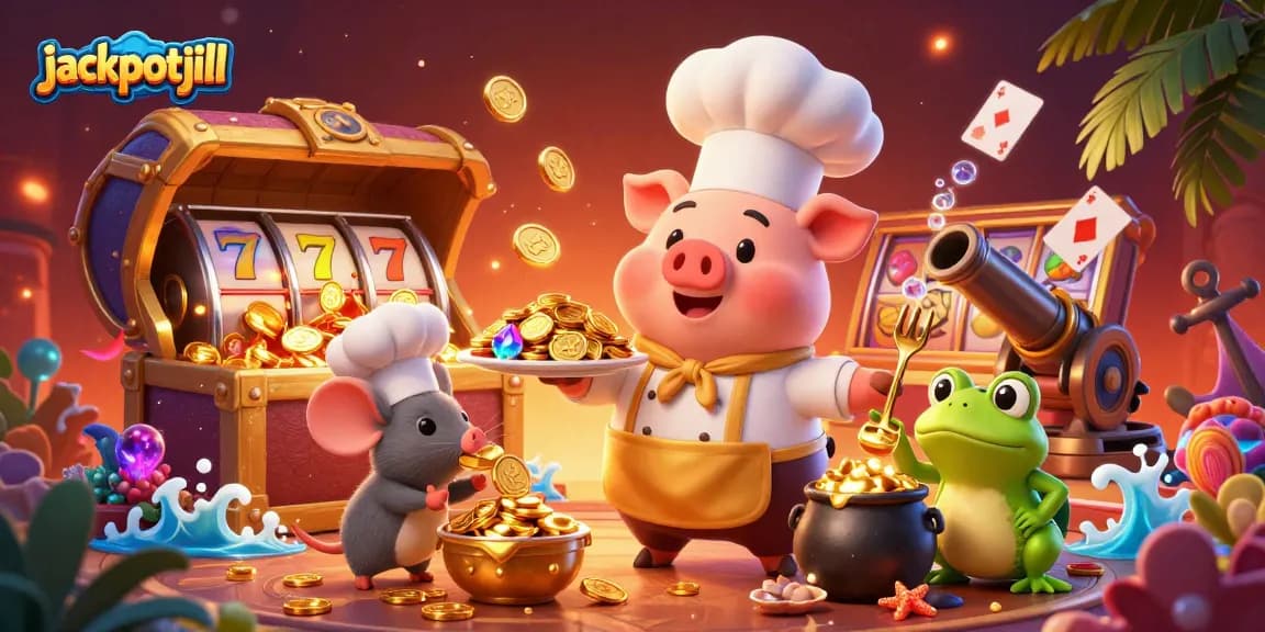 Engage with jackpotjill's vibrant 3D casino scene featuring culinary characters celebrating winning coins and gaming treasures.