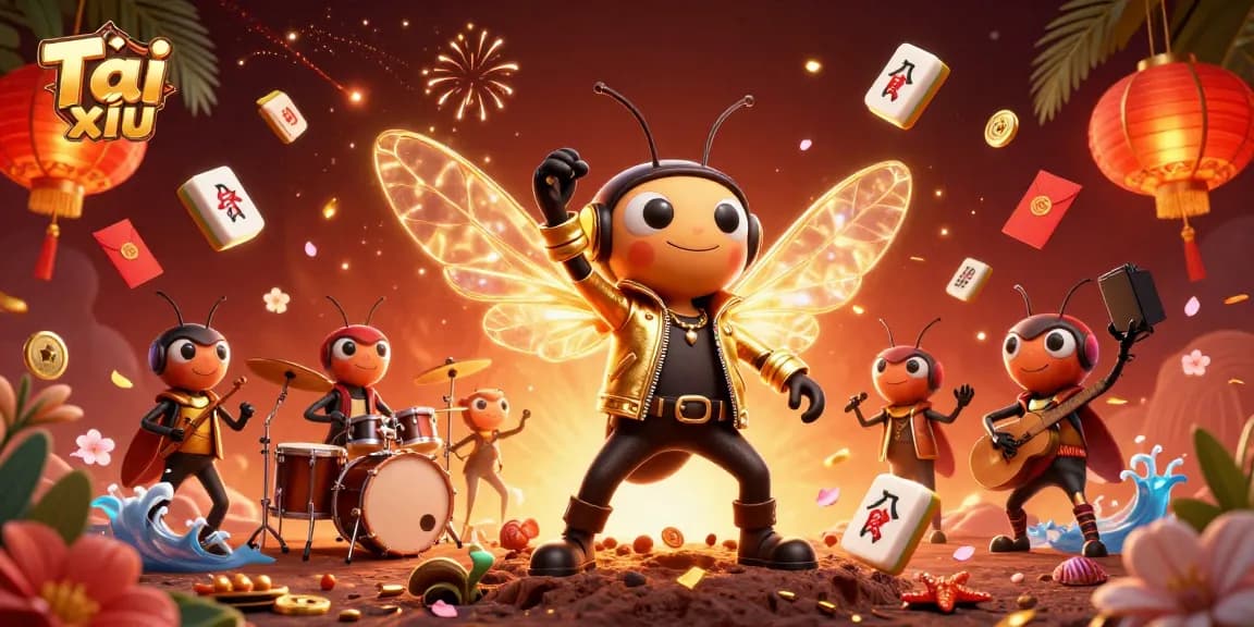 Engage in Tài xỉu with a vivid 3D scene featuring a rock star and enchanting casino elements.