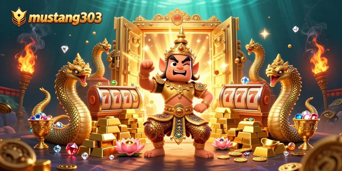 Play thrilling slot games with mustang303 while enjoying a vibrant casino scene filled with treasures.