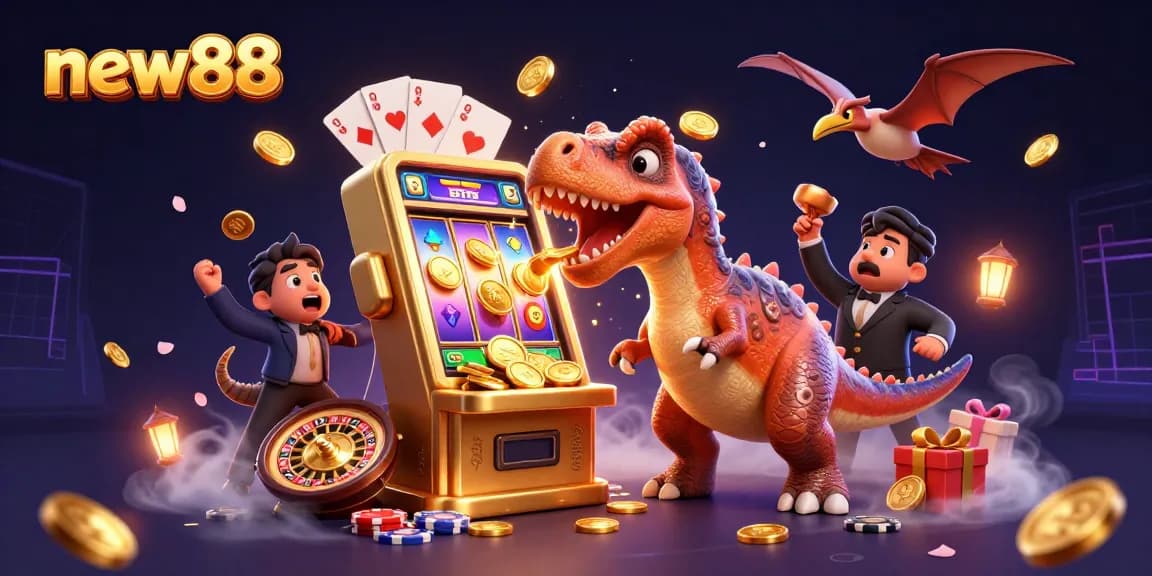 Experience the thrill of new88 with a pachycephalosaurus hitting the jackpot in a colorful casino!