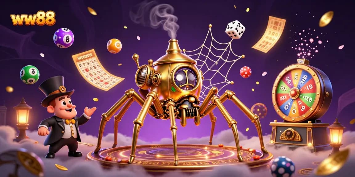 Win big with ww88 as the steampunk spider captures luck in this vibrant casino scene.