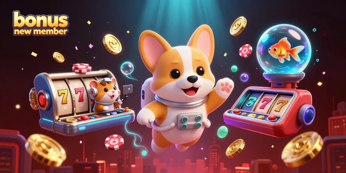 Experience the excitement of a bonus new member with lively gaming elements in a vibrant casino scene.