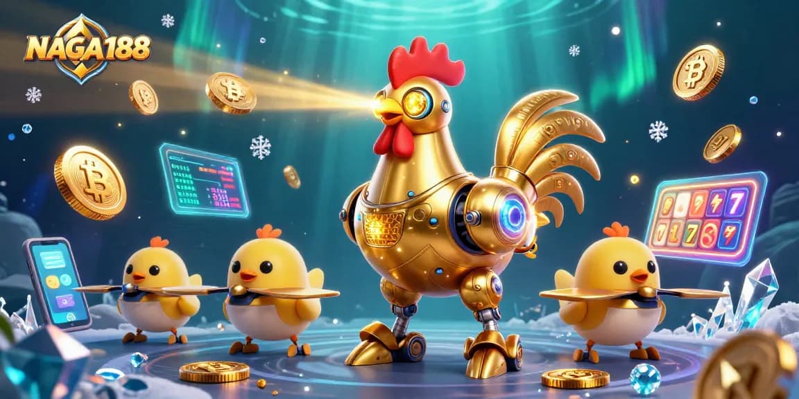 NAGA188 memberikan pengalaman bermain slot yang seru dengan robot ayam emas futuristik dan koin crypto berkilau.