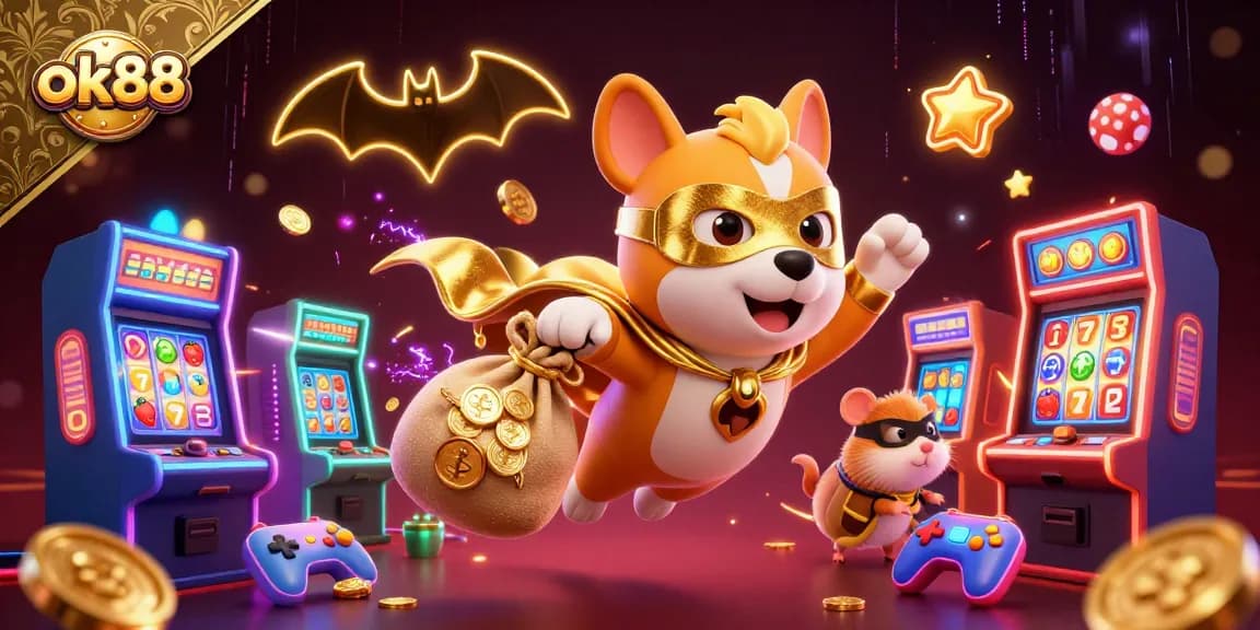 Experience the thrill of gaming with ok88, featuring a superhero dog flying with coins in a dynamic casino scene.