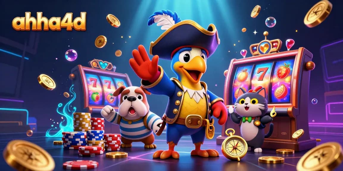 Mengaktifkan keberuntungan di AHHA4D dengan simbol slot menarik, tumpukan chip poker berwarna-warni, dan karakter berani.