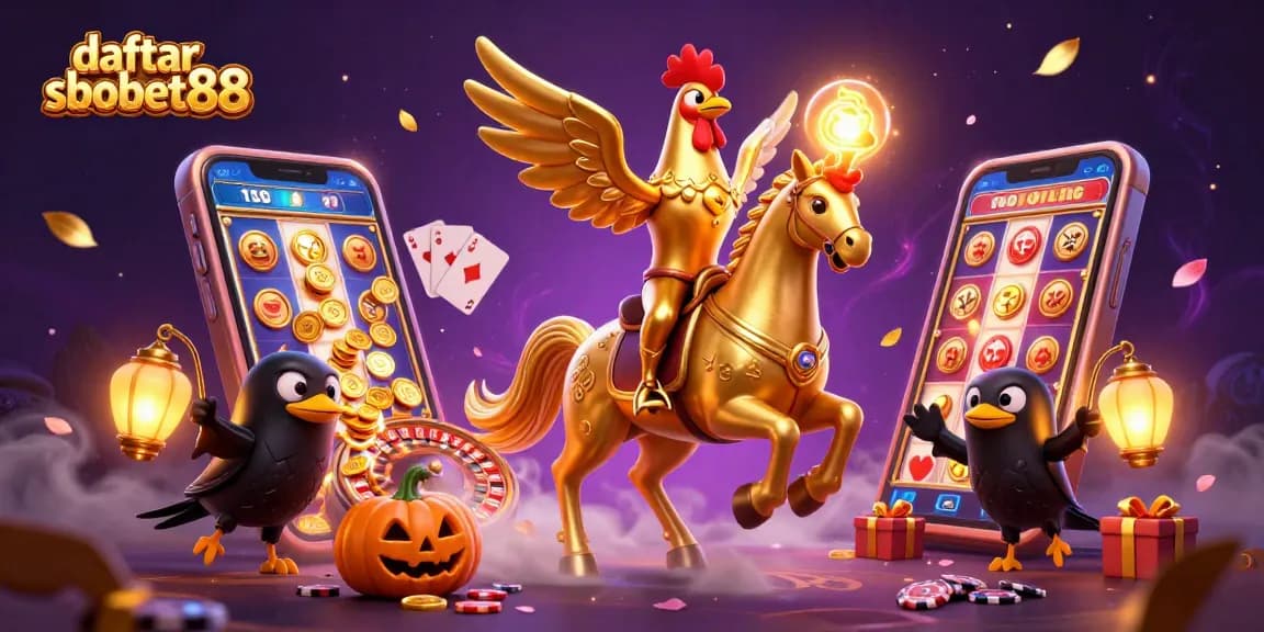 Bet big with daftar sbobet88 - a golden rooster riding a spectral horse, surrounded by casino elements.