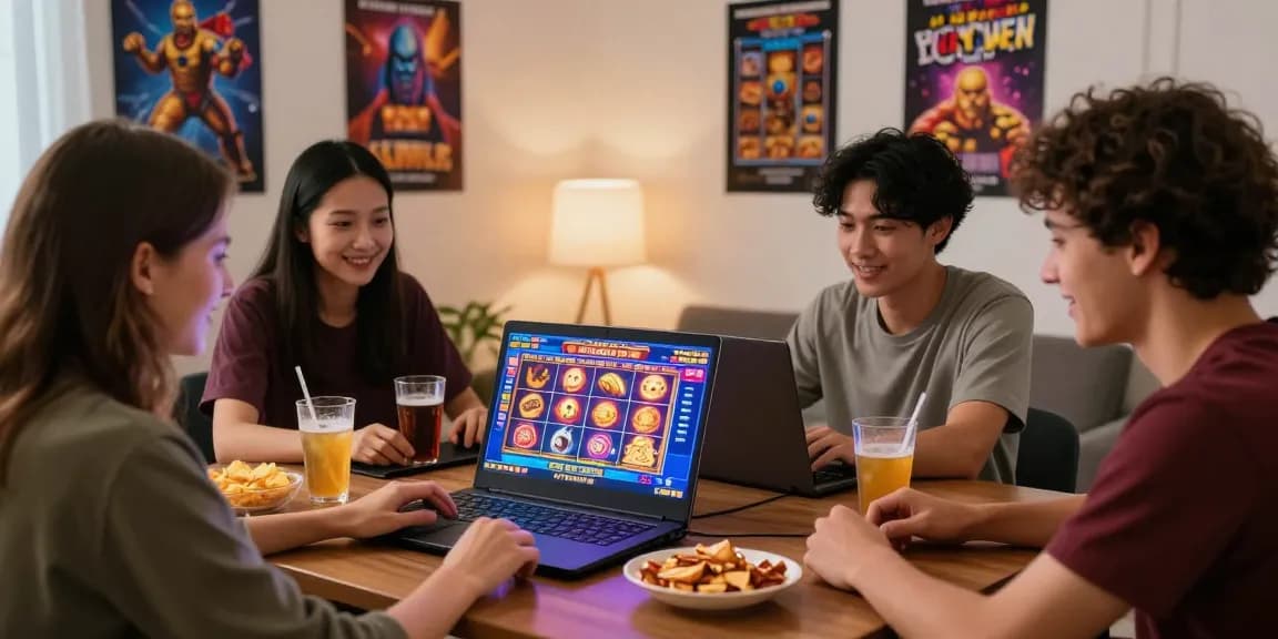 Permainan slot online menarik dengan teman-teman bersenang-senang di ruang tamu