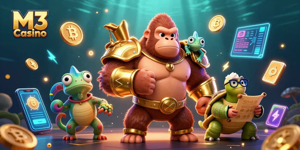 M3 Casino showcases a powerful gorilla king in golden armor surrounded by vibrant digital elements.