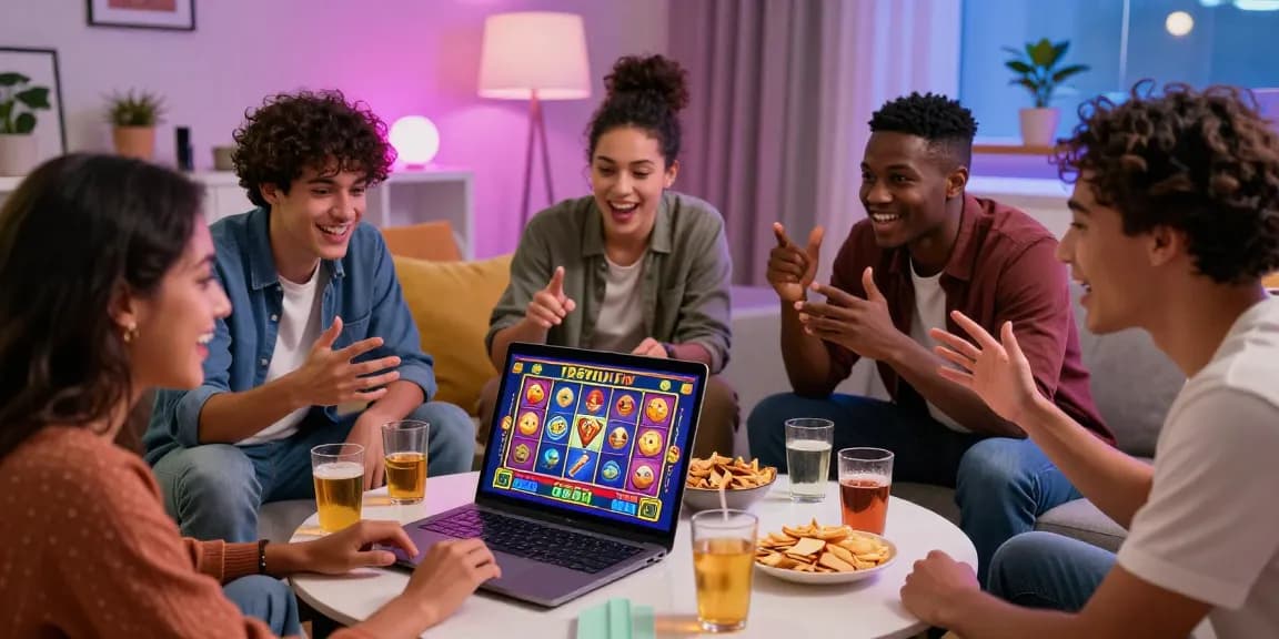 Group of friends enjoying an online slot online resmi game together in a vibrant living room.