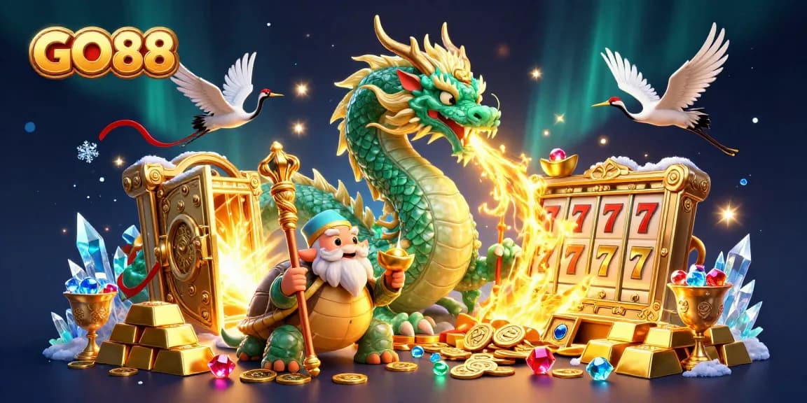 Engage with GO88's immersive 3D casino illustration, featuring a jade dragon and treasure elements for gamers.
