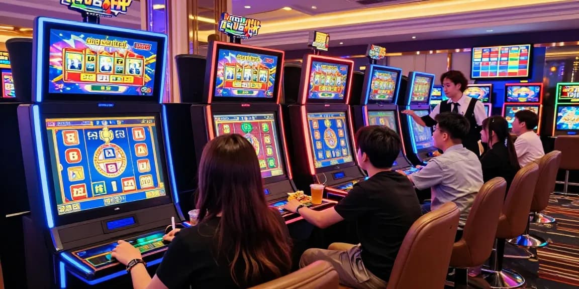 Gamer menikmati pengalaman slot gacor fujiwin88 di kasino virtual yang cerah dan bergaya, dikelilingi teman-teman dan lampu neon.
