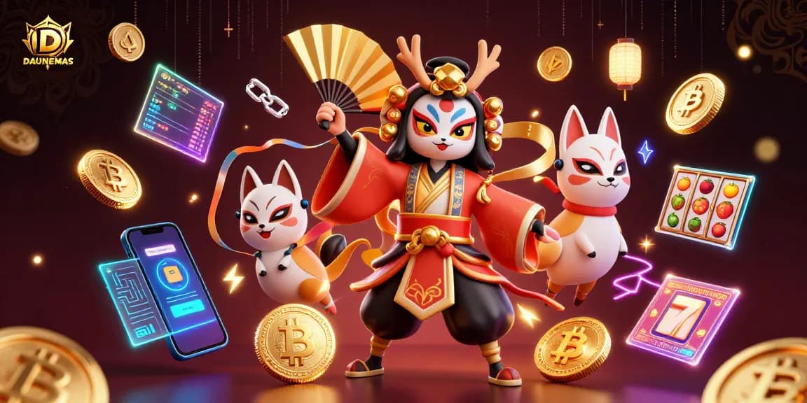 DAUNEMAS showcases an animated kabuki warrior among slot reels and crypto elements, capturing casino excitement.
