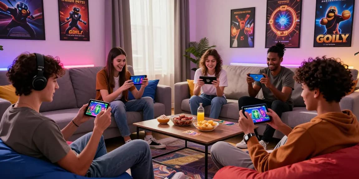 Exciting group gaming session featuring Teen Patti Gold features in a cozy living room with vibrant decor.