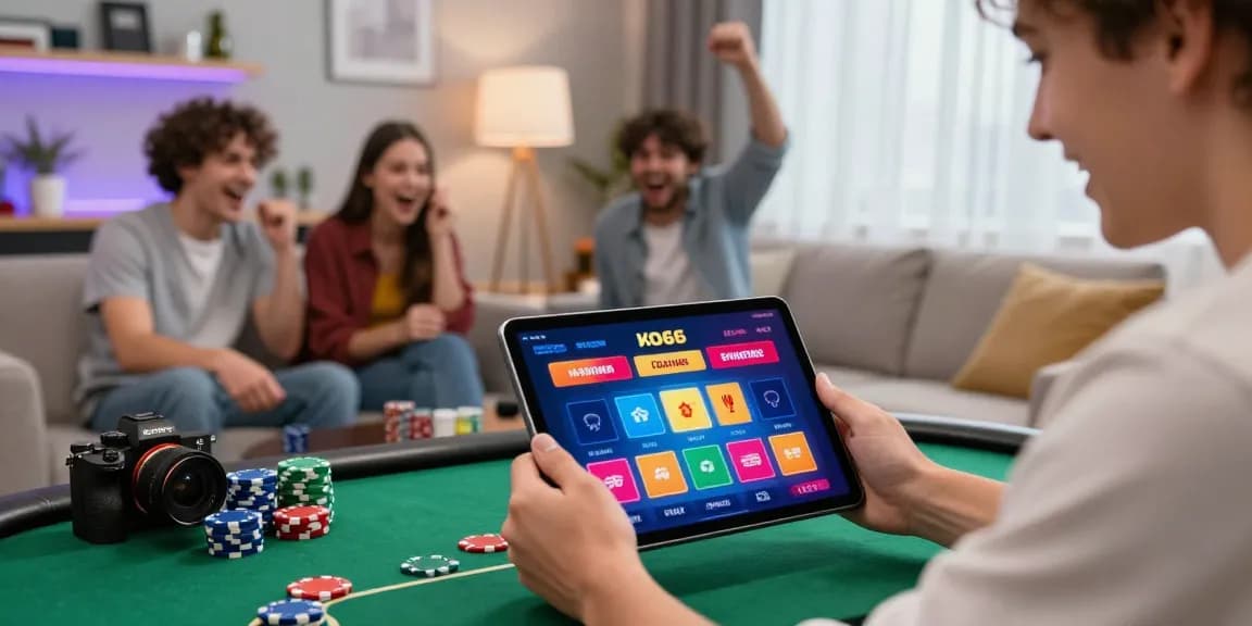 KO66 gaming excitement in a vibrant living room with friends and colorful interface.