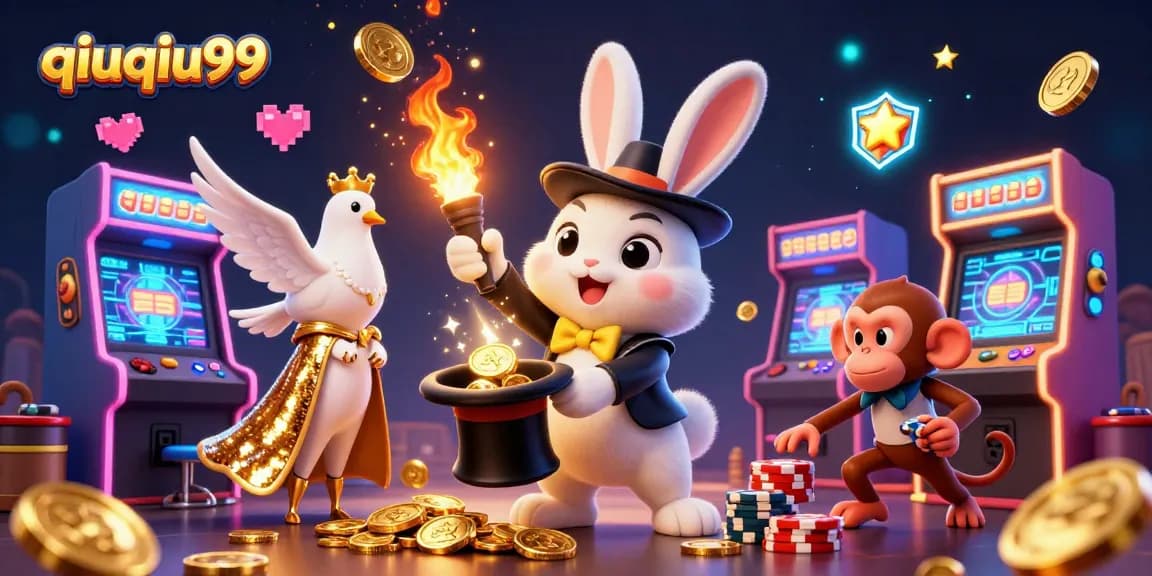 Experience exciting wins at qiuqiu99 with a vibrant 3D illustration featuring magical elements and dynamic casino games.