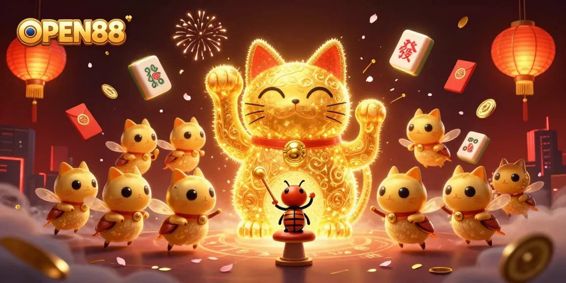 Engage with OPEN88's vibrant casino scene featuring a lucky cat and festive elements.