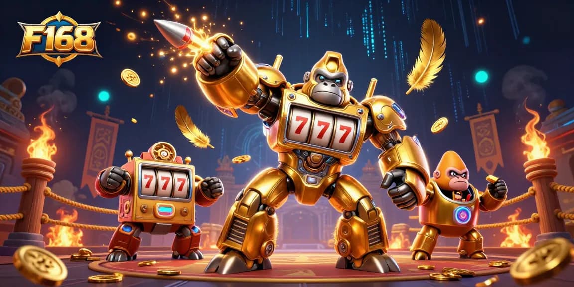 Experience F168 with a dynamic 3D illustration of a golden gorilla mech amidst casino elements.