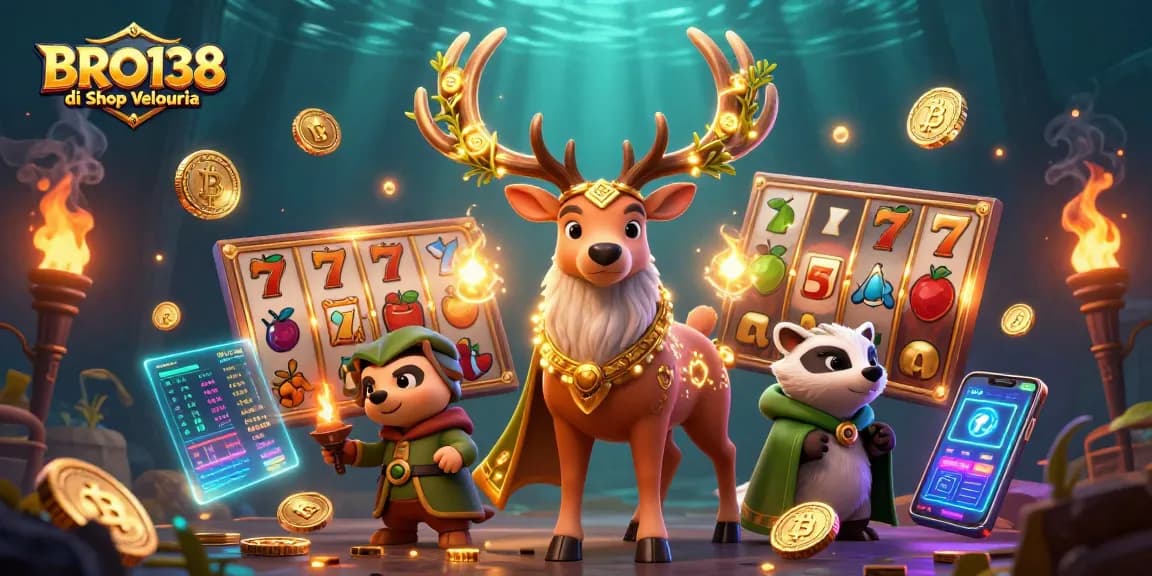 Engage in thrilling gameplay at BRO138 di Shop Velouria with vibrant slot reels and crypto elements.