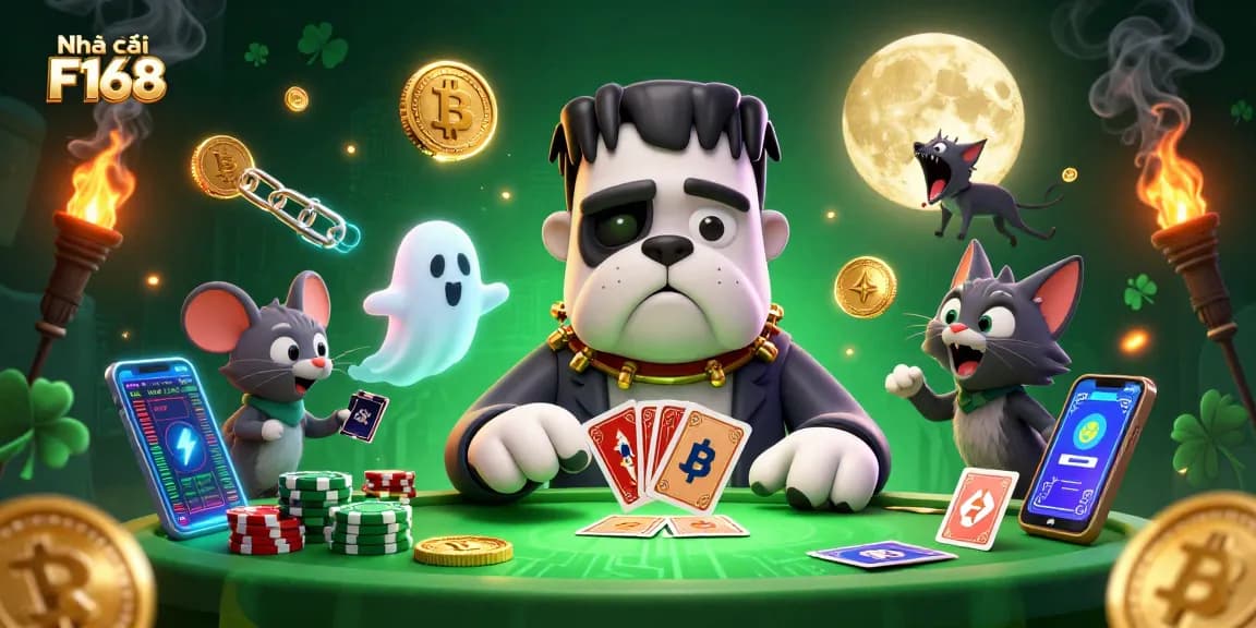 Engage with Nhà cái F168 by seeing a lively casino scene showcasing unique characters and vibrant game elements.