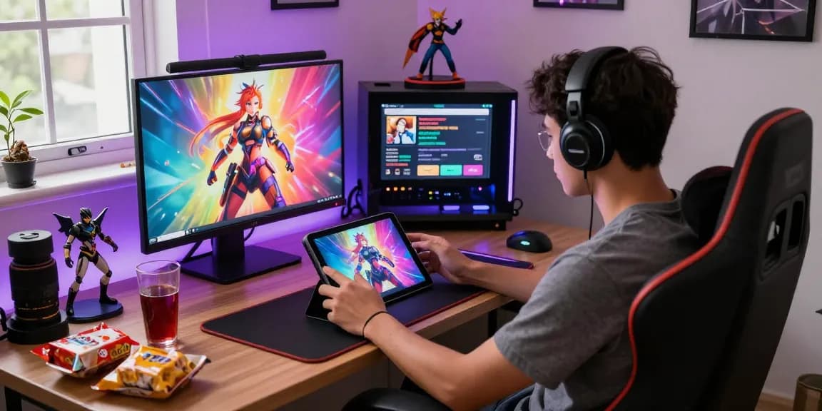 Engaged gamer playing an android hentai game in a colorful, illuminated bedroom, showcasing an immersive gaming atmosphere.