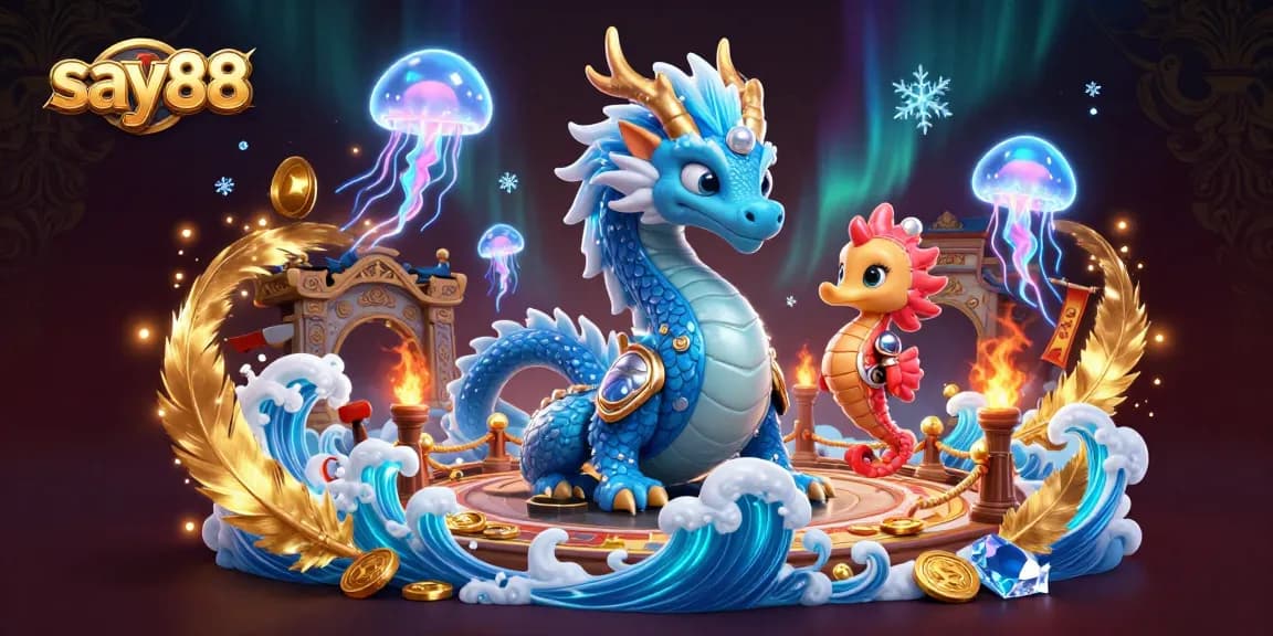 Experience thrilling gameplay at say88, featuring a majestic dragon amidst casino treasures and vibrant underwater elements.