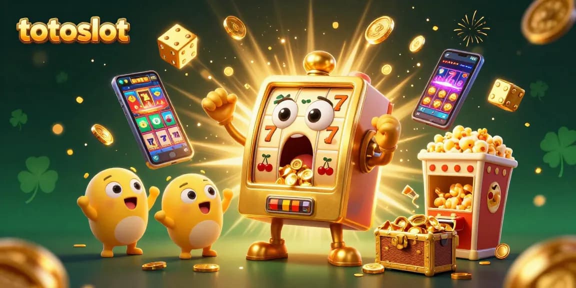 Totoslot reveals excitement as golden coins cascade from a surprised slot machine, cheering smaller machines celebrate.