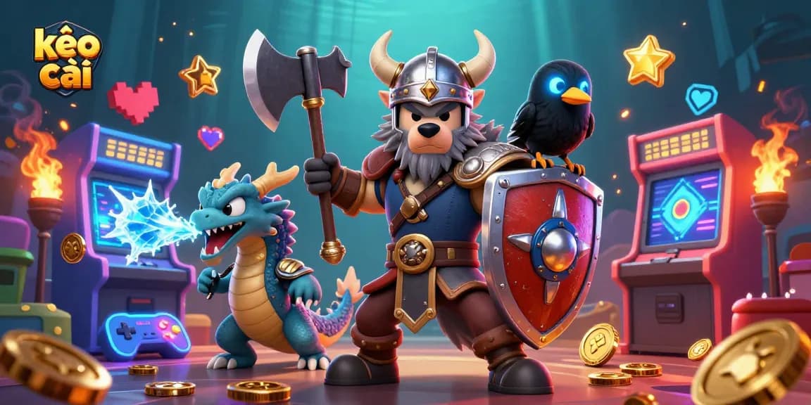 Bet on kèo nhà cái with engaging visuals showcasing a Viking wolf warrior, fierce dragon, and cartoon raven amidst vibrant gaming elements.